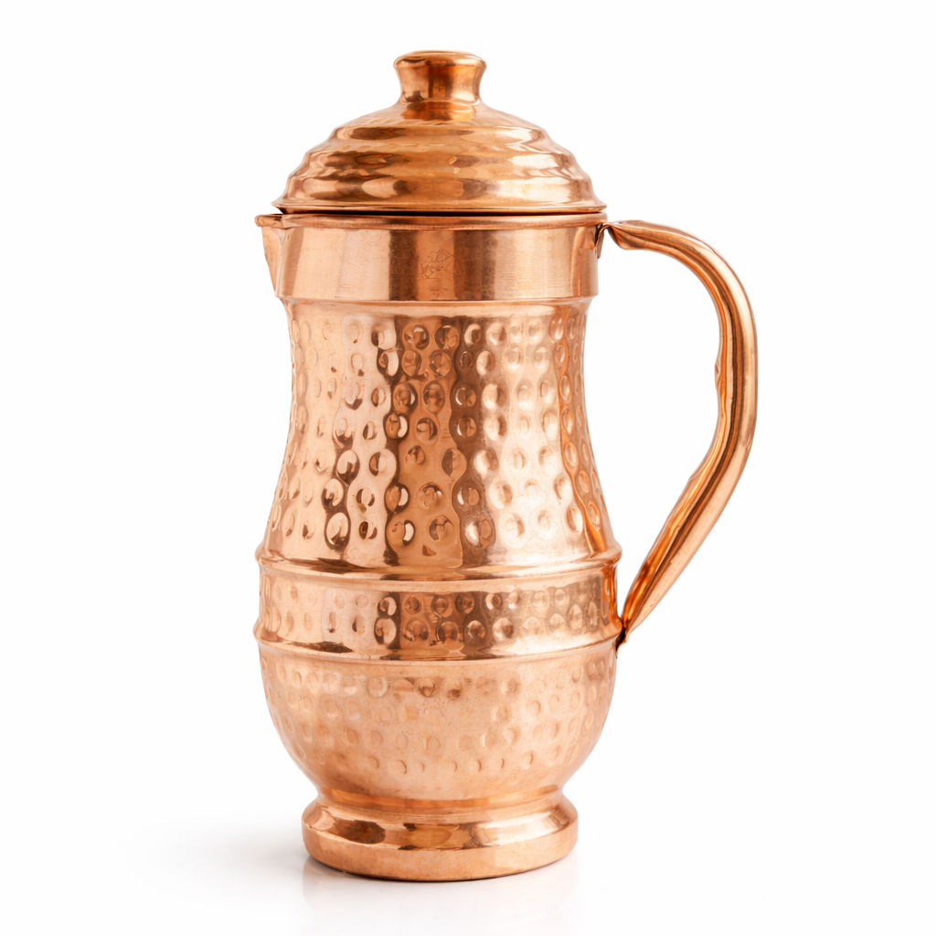 Pure copper hammered maharaja style jug with lid hammered, 1280 ML